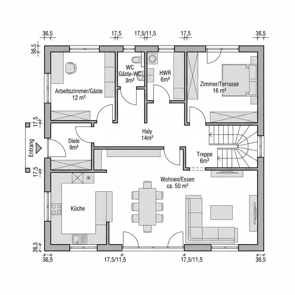 Grundriss Stadtvilla Novo von Kern-Haus — 150 m², 5 Zimmer