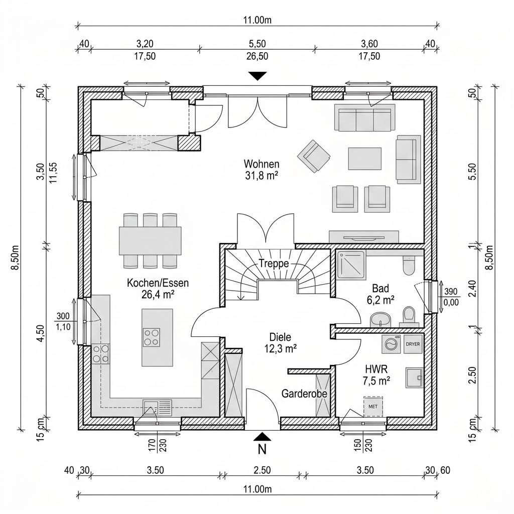 Grundriss Familienvilla Zwerch 152 von LEHNER HAUS — 152 m², 5 Zimmer