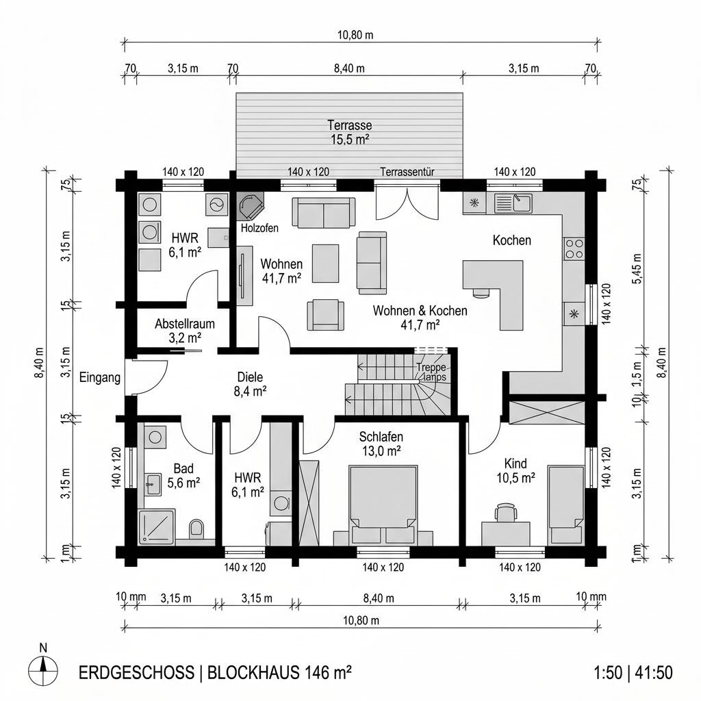 Grundriss Blockhaus Birka 146 von Léonwood Holz-Blockhaus — 146 m², 5 Zimmer