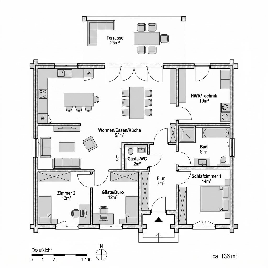 Grundriss Country 136 von LéonWood — 136 m², 5 Zimmer