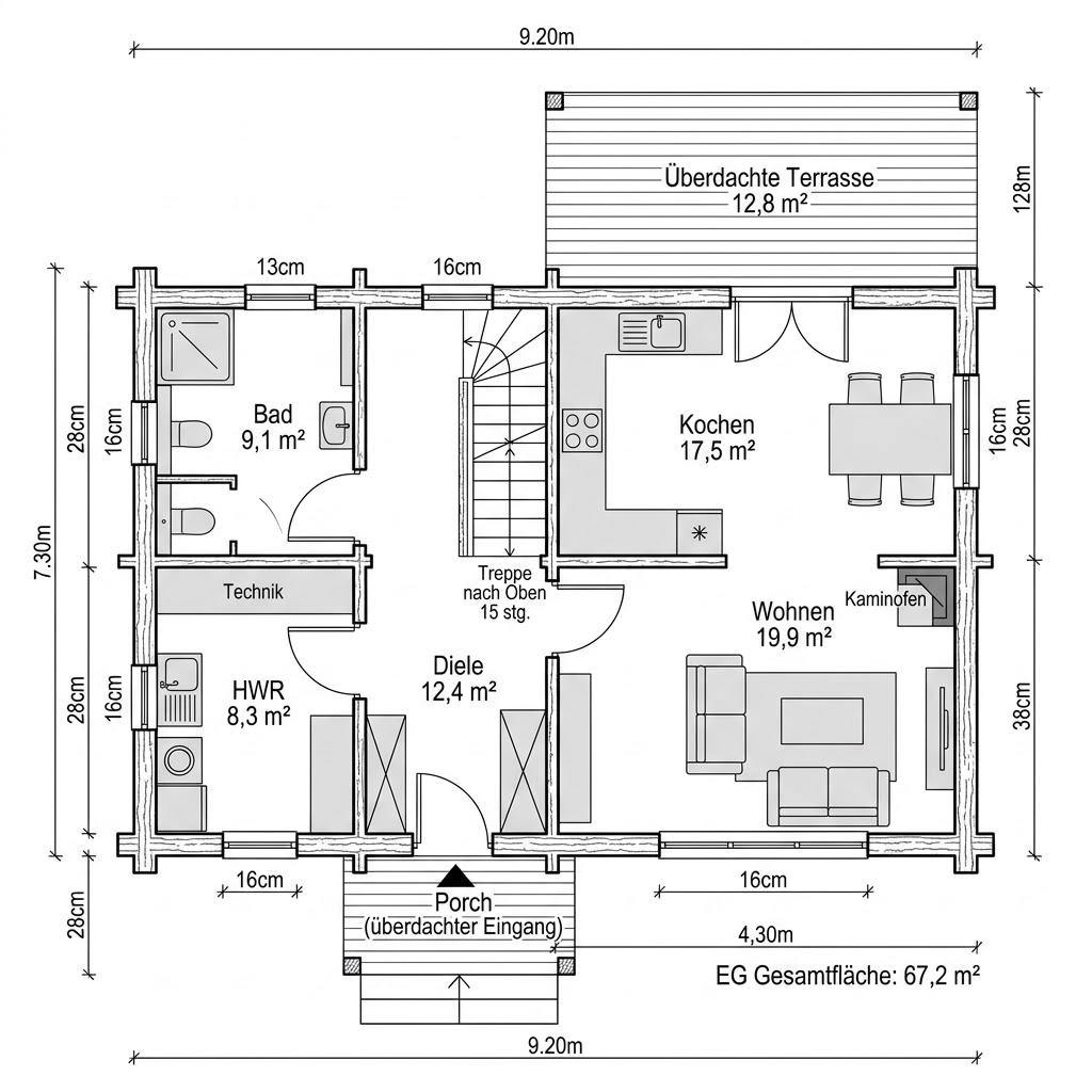 Grundriss Blockhaus Fjell 124 von Léonwood Holz-Blockhaus — 124 m², 5 Zimmer