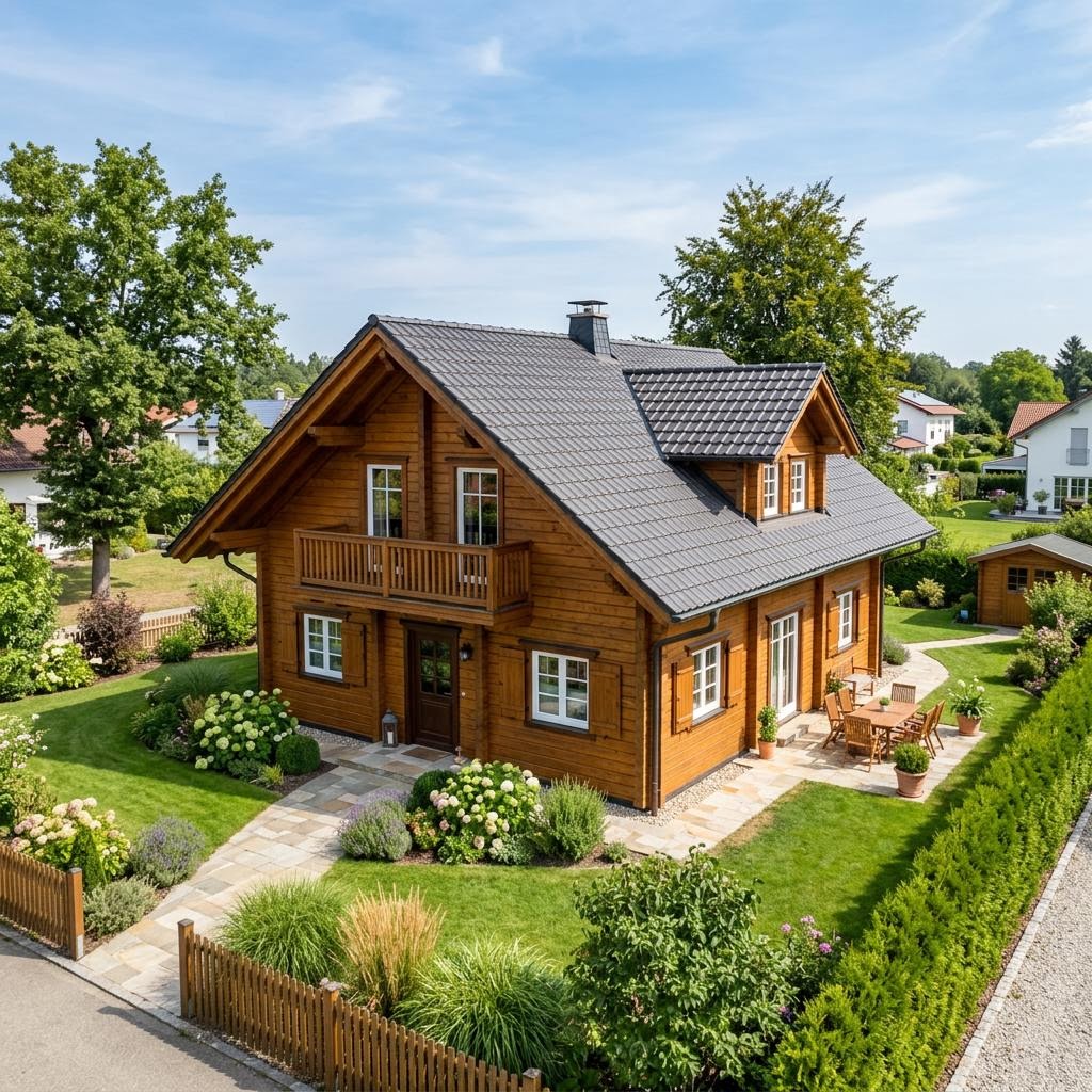 Blockhaus Lodge 138 von Léonwood Holz-Blockhaus mit Satteldach und Veranda — Massivholzhaus mit 138 m²