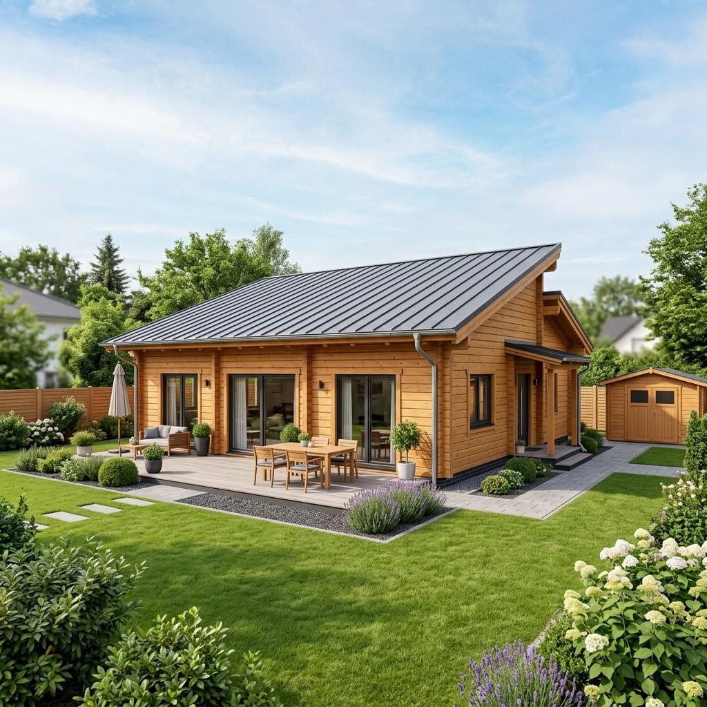 Blockhaus Nordica 116 von Léonwood Holz-Blockhaus mit Pultdach — ebenerdiges Massivholzhaus mit 116 m²