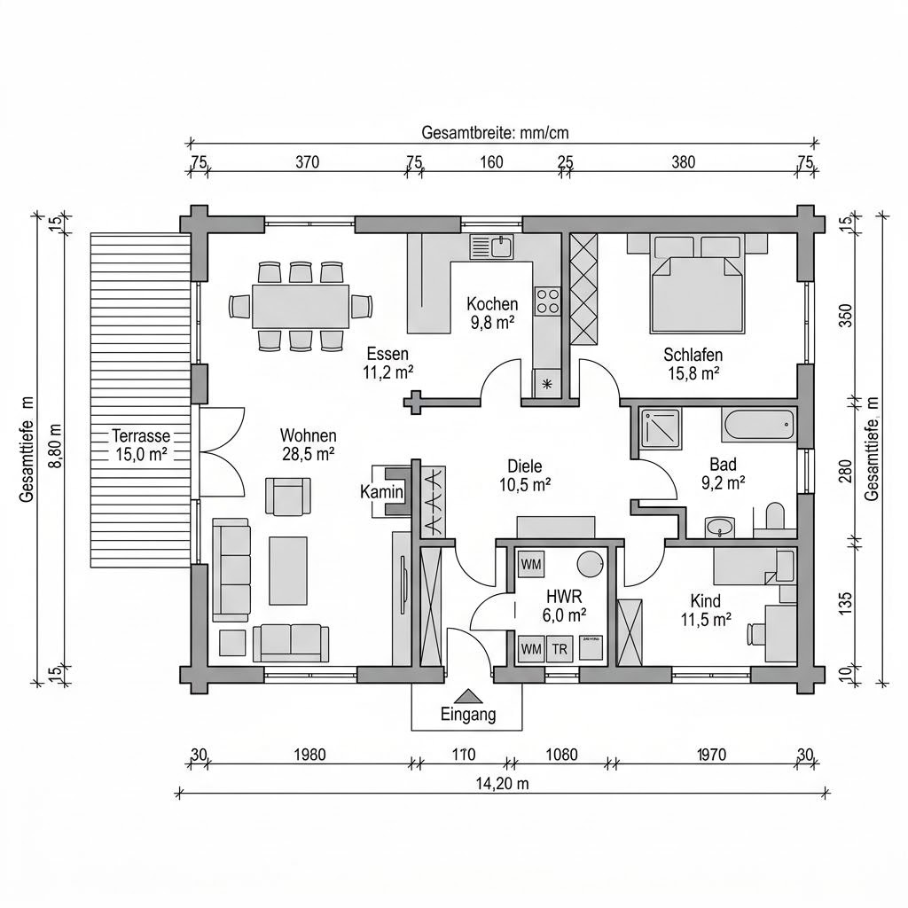 Grundriss Blockhaus Nordica 116 von Léonwood Holz-Blockhaus — 116 m², 4 Zimmer