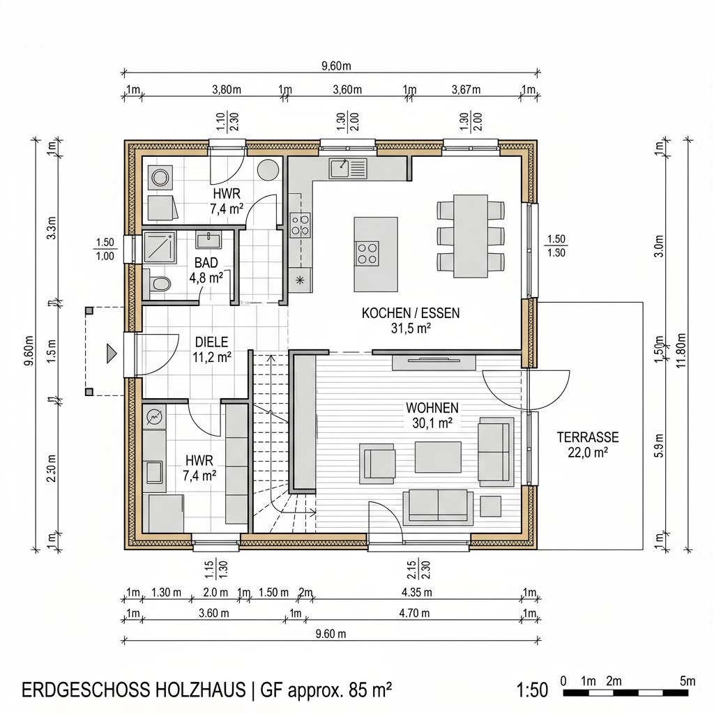 Grundriss Blockhaus Quebec 168 von Léonwood Holz-Blockhaus — 168 m², 6 Zimmer