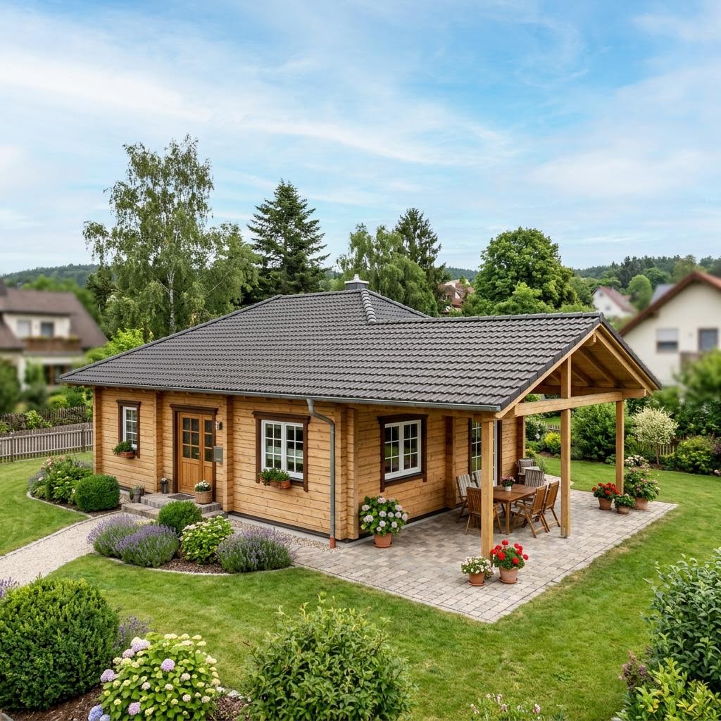 Blockhaus Taiga 108 von Léonwood Holz-Blockhaus mit Schleppdach — ebenerdiges Massivholzhaus mit 108 m²