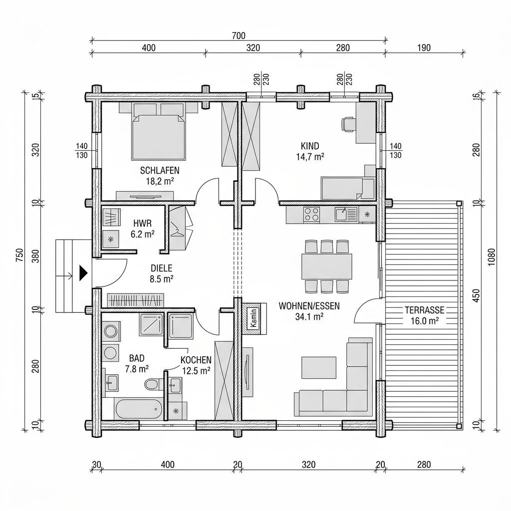 Grundriss Blockhaus Taiga 108 von Léonwood Holz-Blockhaus — 108 m², 4 Zimmer