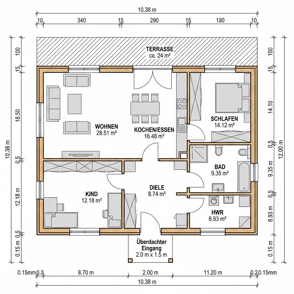 Grundriss Blockhaus Yukon 108 von Léonwood Holz-Blockhaus — 108 m², 3 Zimmer