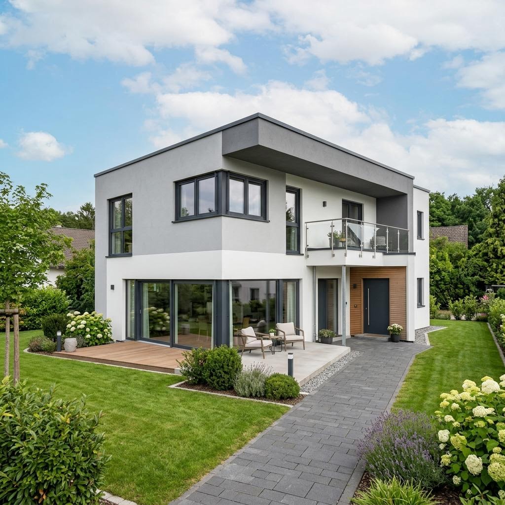 Kubushaus Solution 140 von Living Fertighaus mit Flachdach — kubisches Fertighaus im Bauhausstil mit 140 m²