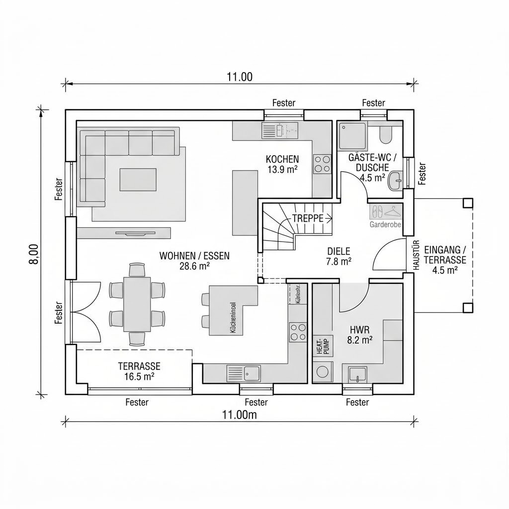 Grundriss Kubushaus Solution 140 von Living Fertighaus — 140 m², 4 Zimmer