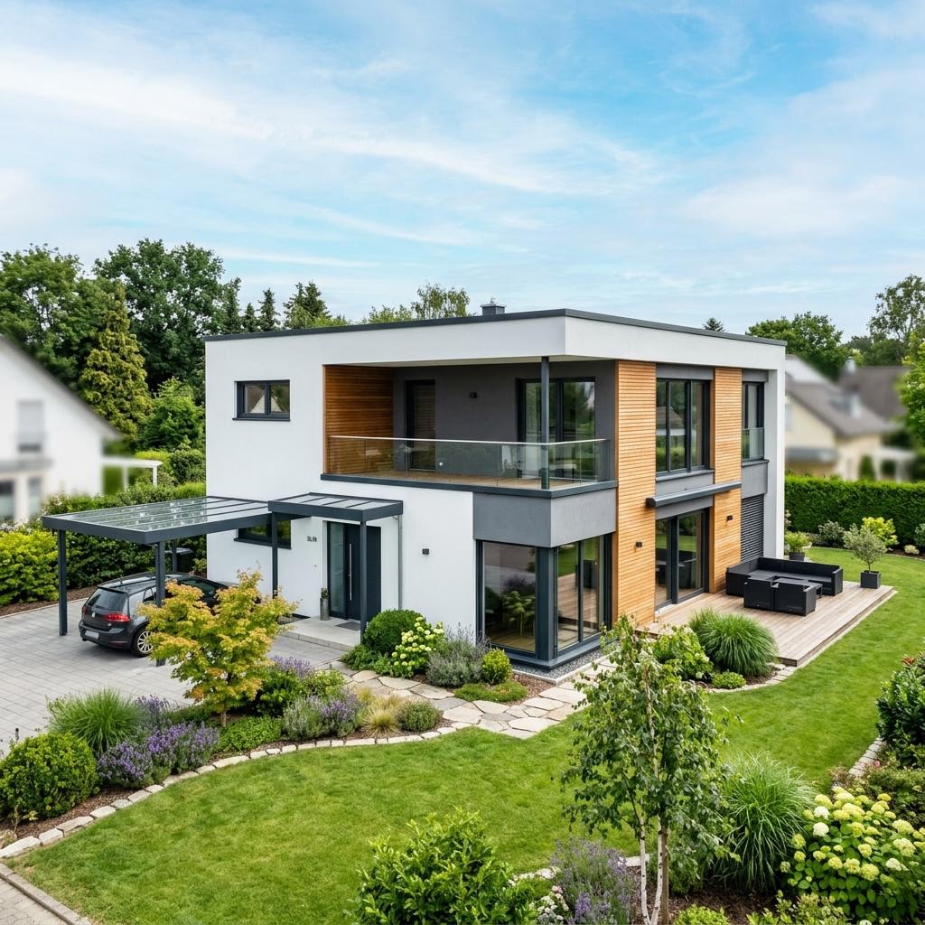 Flachdachhaus Flachdach Modern 160 von LUXHAUS — diffusionsoffener Holzbau mit 160 m²