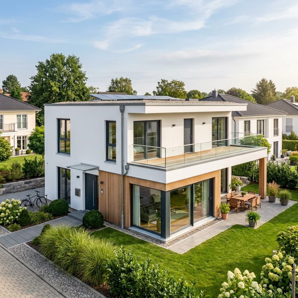Kubushaus Cube 150 von LUXHAUS mit Flachdach — kubisches Fertighaus im Bauhausstil mit 150 m²