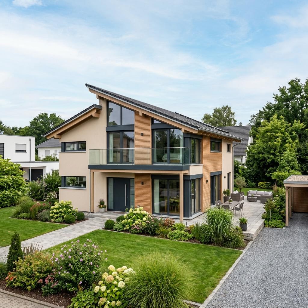 Luxusvilla & Designerhaus Pultdach 175 von LUXHAUS — diffusionsoffener Holzbau mit 175 m²