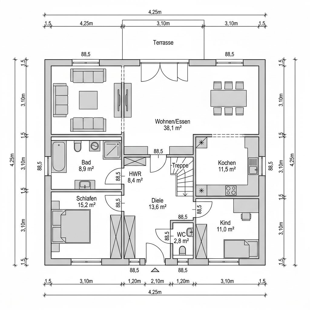 Grundriss Lifestyle Sattel 140 von massa haus — 140 m², 5 Zimmer