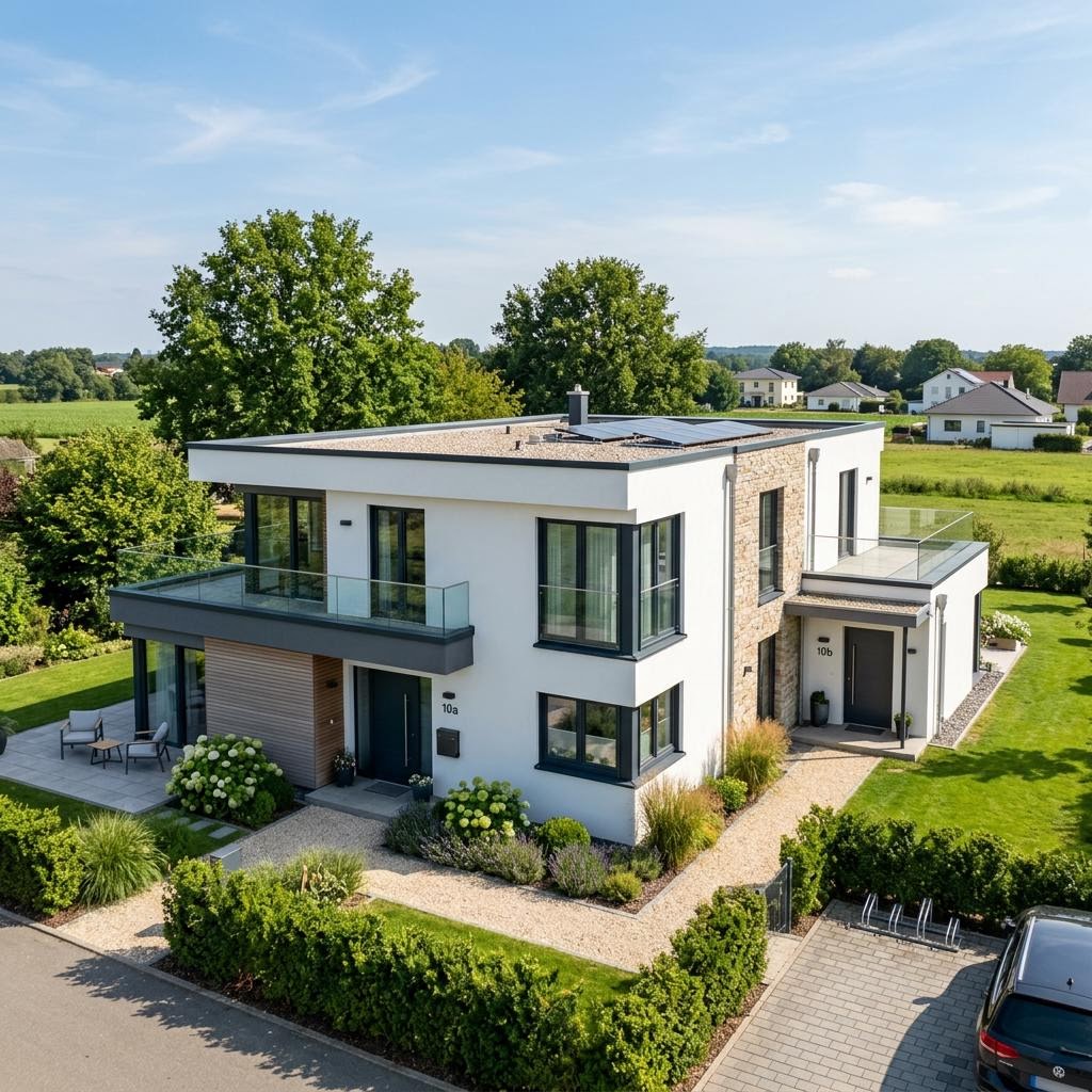 Mehrgenerationenhaus Vivaro von Kern-Haus im Bauhaus-Stil mit Flachdach und Einliegerwohnung, rund 237 m²