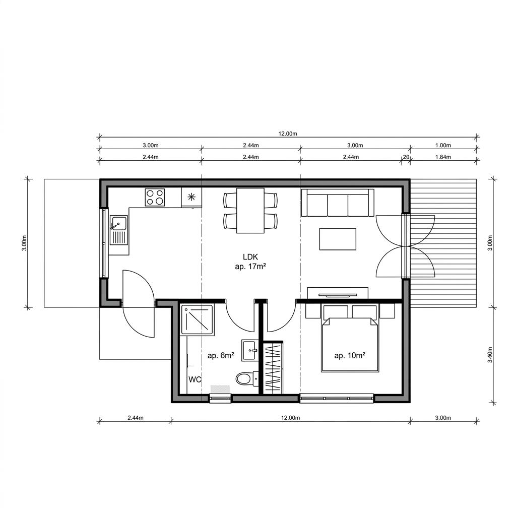 Grundriss Wohncontainer W5 von Conliving — 36 m², 3 Zimmer