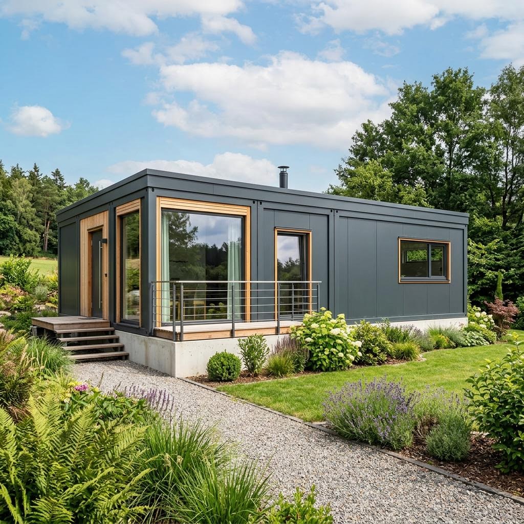 Containerhaus Wohncontainer W6 von Conliving mit Flachdach — Modulbau mit zwei Zimmern auf 44 m²