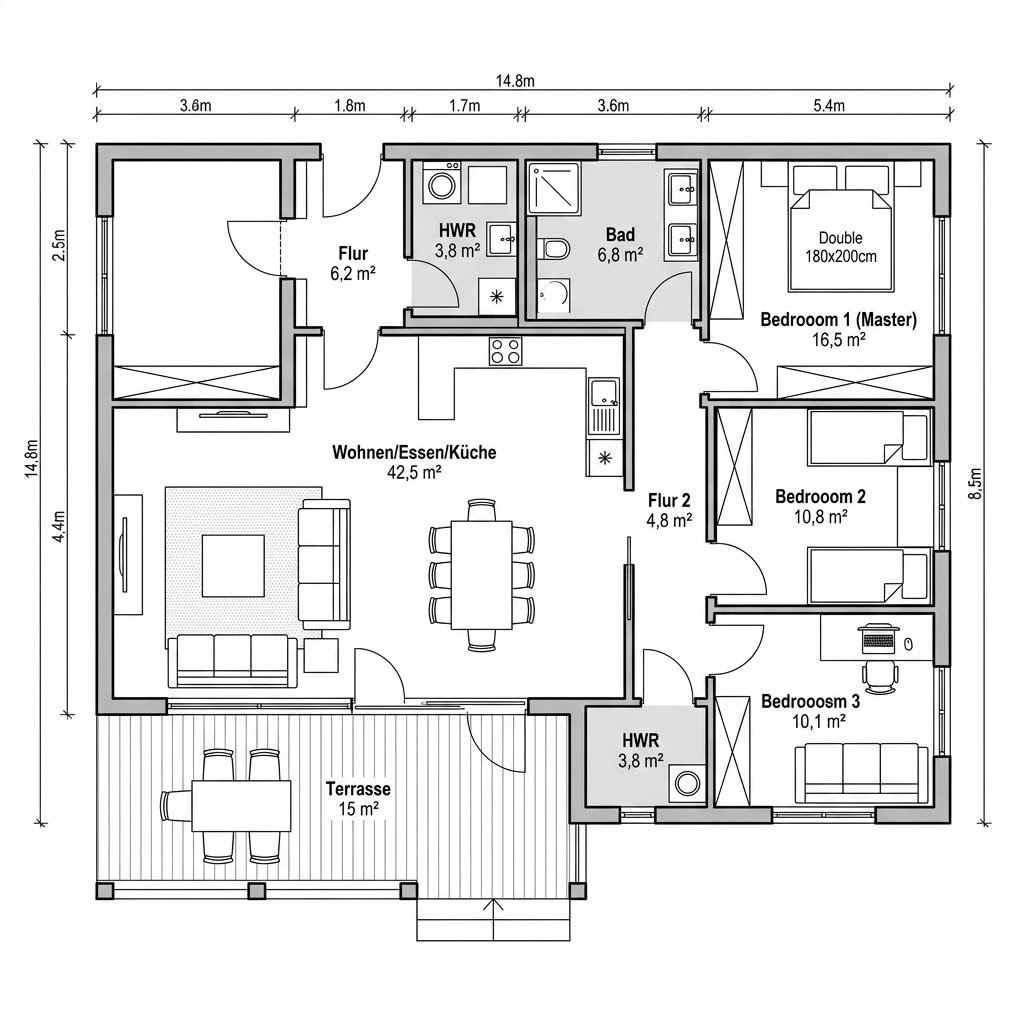 Grundriss Wohncontainer W7 von Conliving — 101 m², 4 Zimmer
