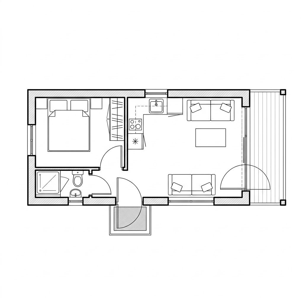 Grundriss Raummodul Universelles Wohnen von Containerwerk — 25 m², 1 Zimmer