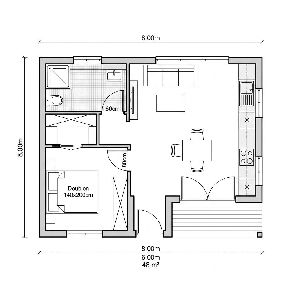 Grundriss Modulhaus TR 02 von Dwellii House — 48 m², 2 Zimmer