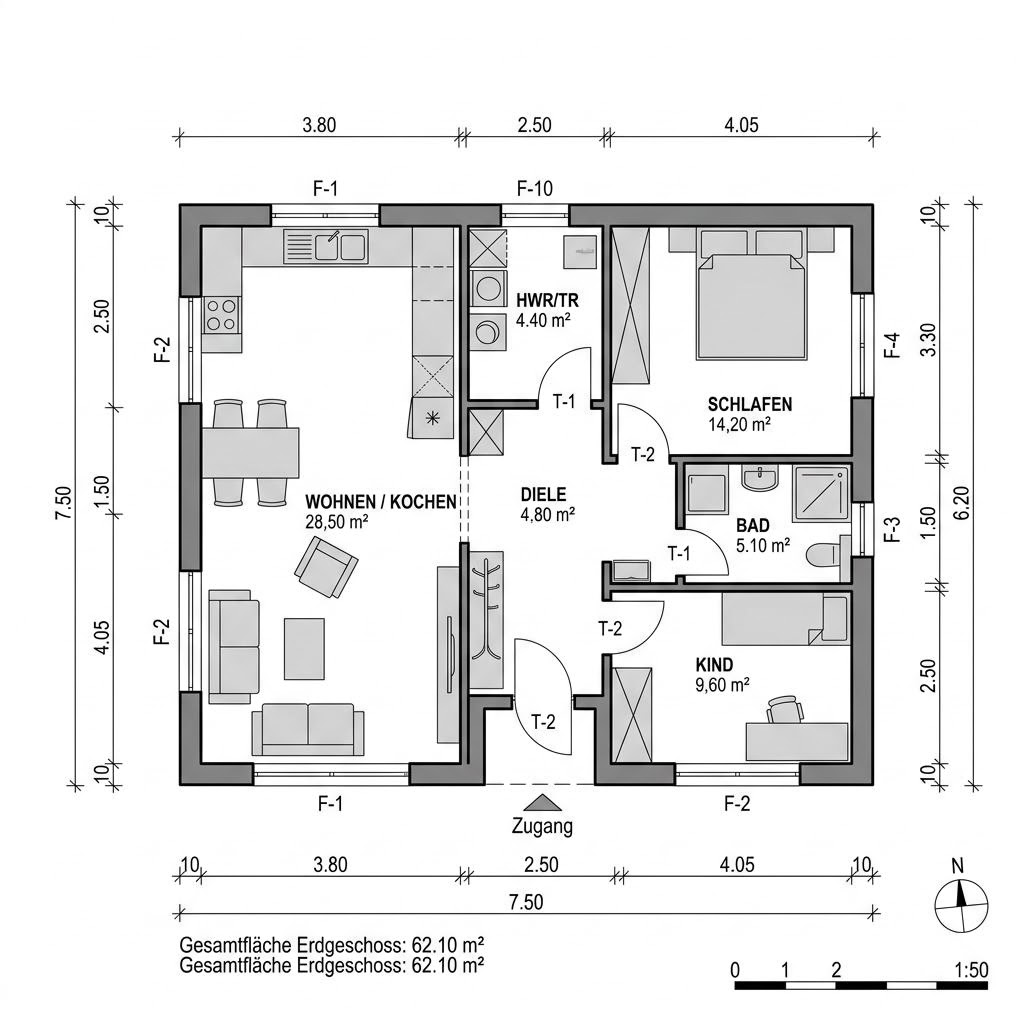 Grundriss Anbau Modul 62 von OKAL Haus — 62 m², 3 Zimmer