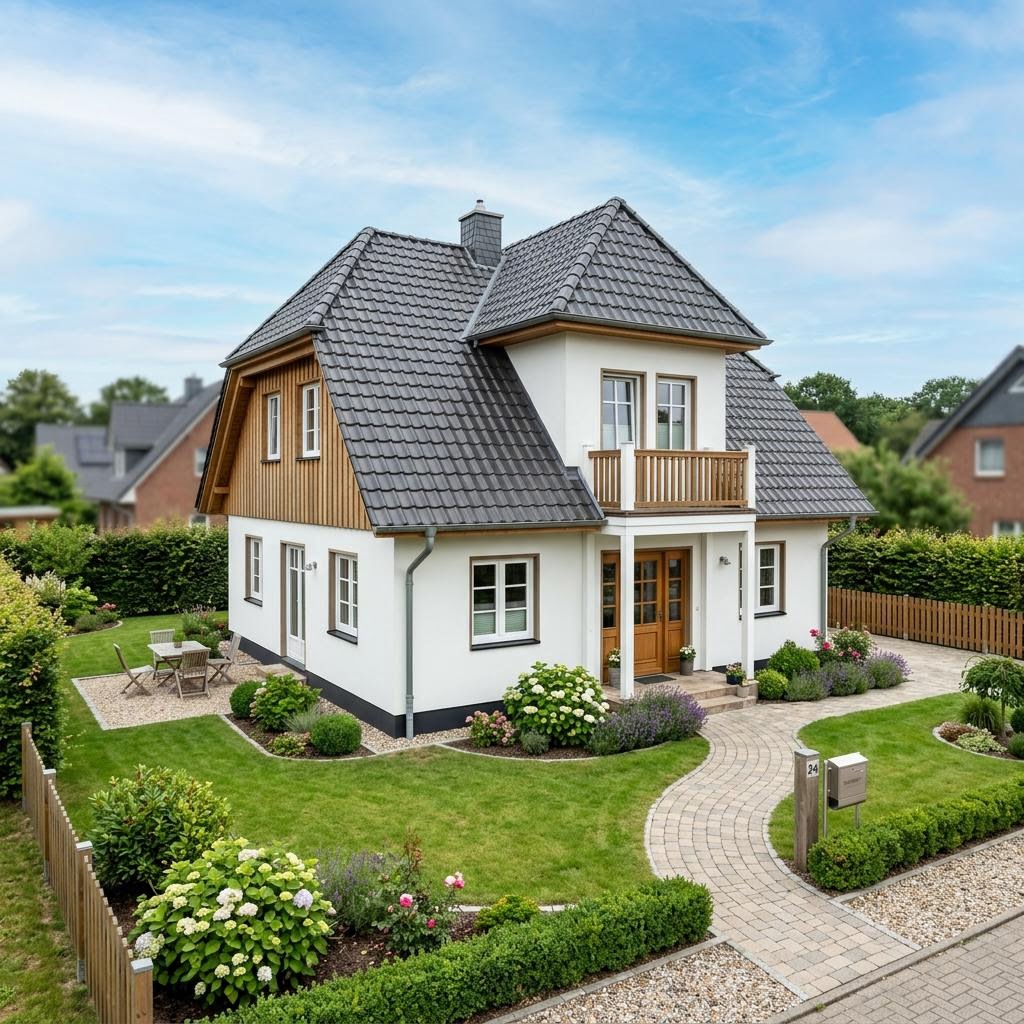 Kapitänshaus Fehmarn 120 von ScanHaus Marlow mit Krüppelwalmdach und weißer Putzfassade — 120 m²
