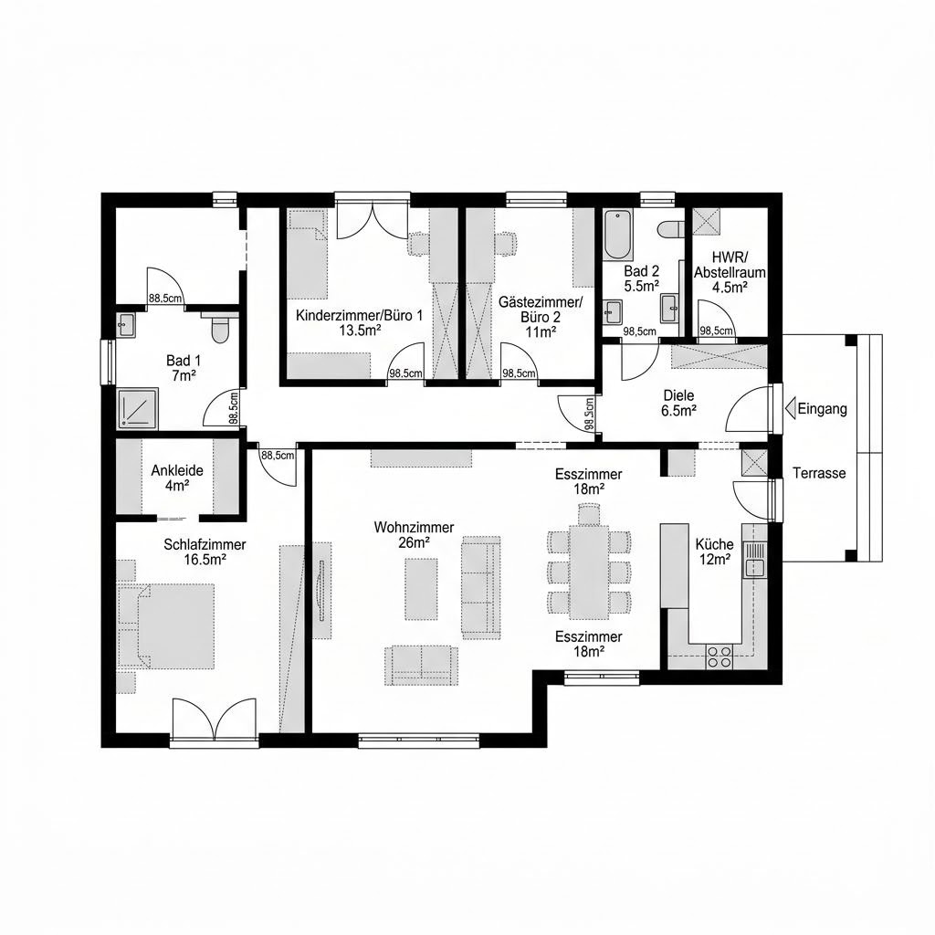 Grundriss SH 120 WB Winkelbungalow von ScanHaus Marlow — 120 m², 4 Zimmer