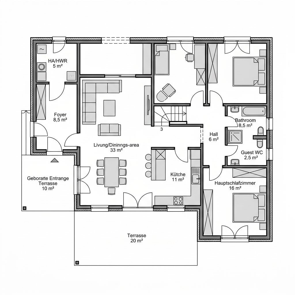 Grundriss Winkelbungalow WB 102 von ScanHaus Marlow — 102 m², 3 Zimmer