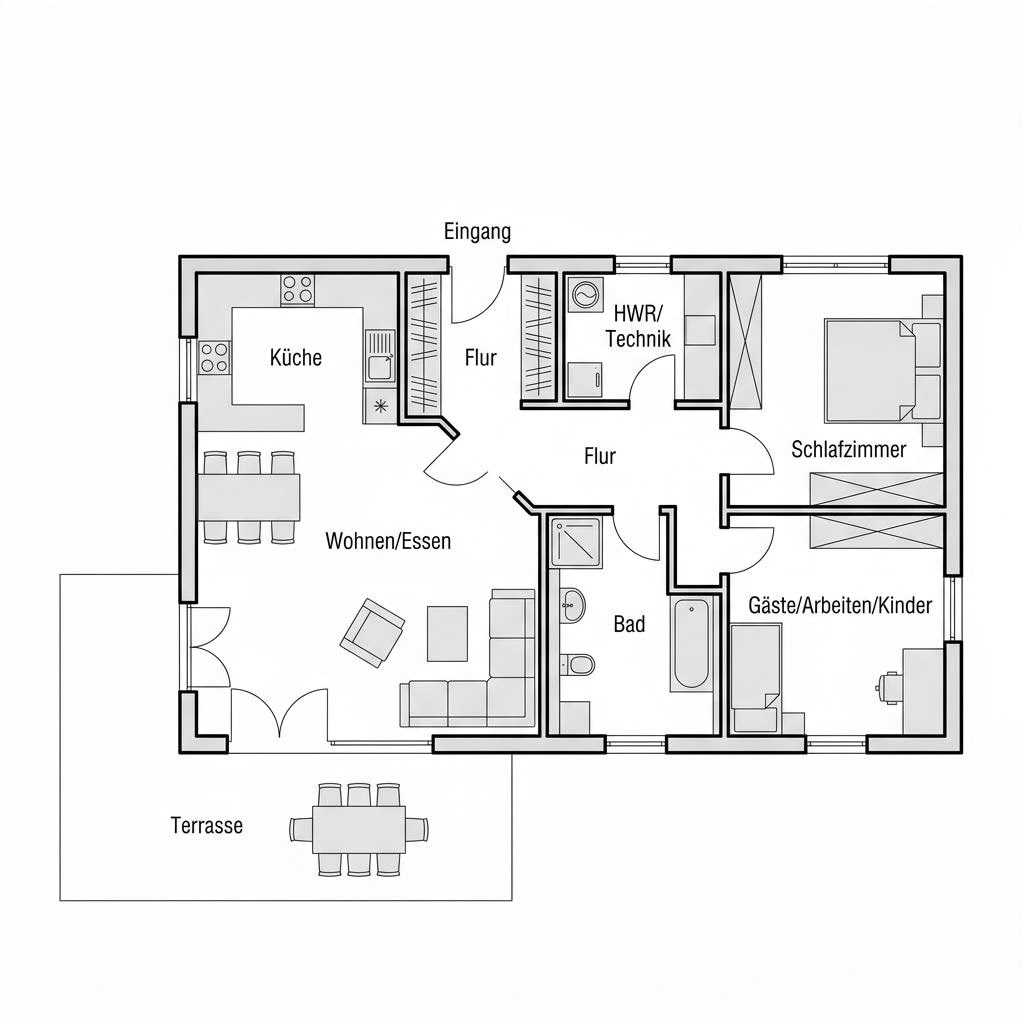 Grundriss Winkelbungalow WB 118 von ScanHaus Marlow — 118 m², 3 Zimmer