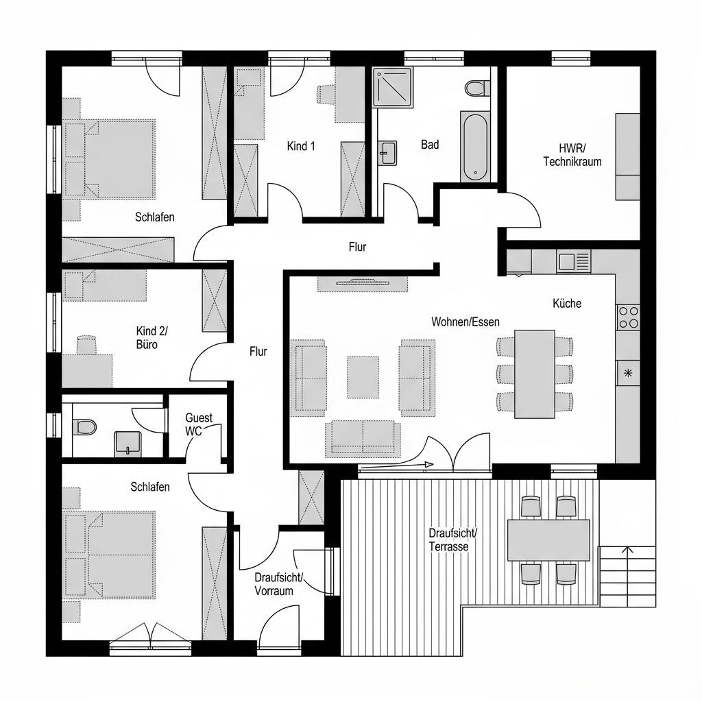 Grundriss Winkelbungalow WB 130 Atrium von ScanHaus Marlow — 130 m², 4 Zimmer