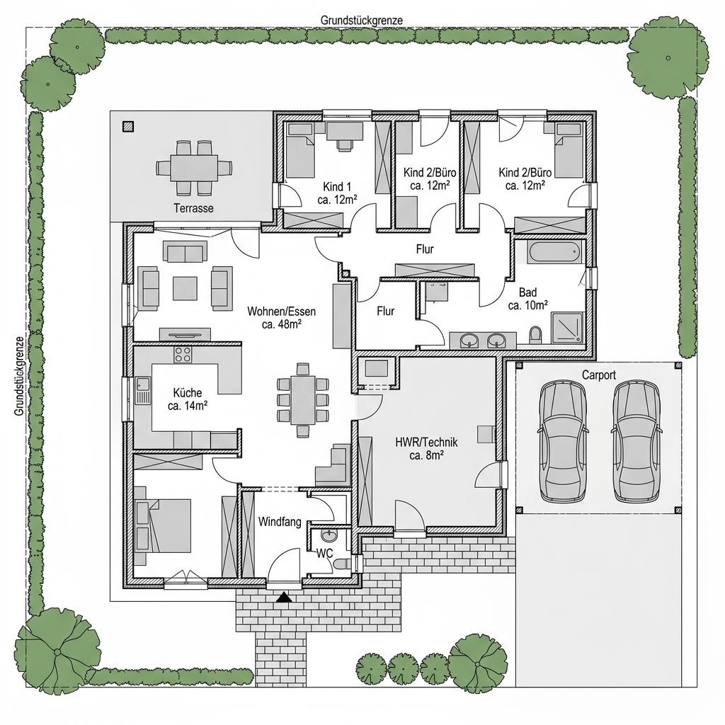 Grundriss Winkelbungalow WB 140 von ScanHaus Marlow — 140 m², 4 Zimmer