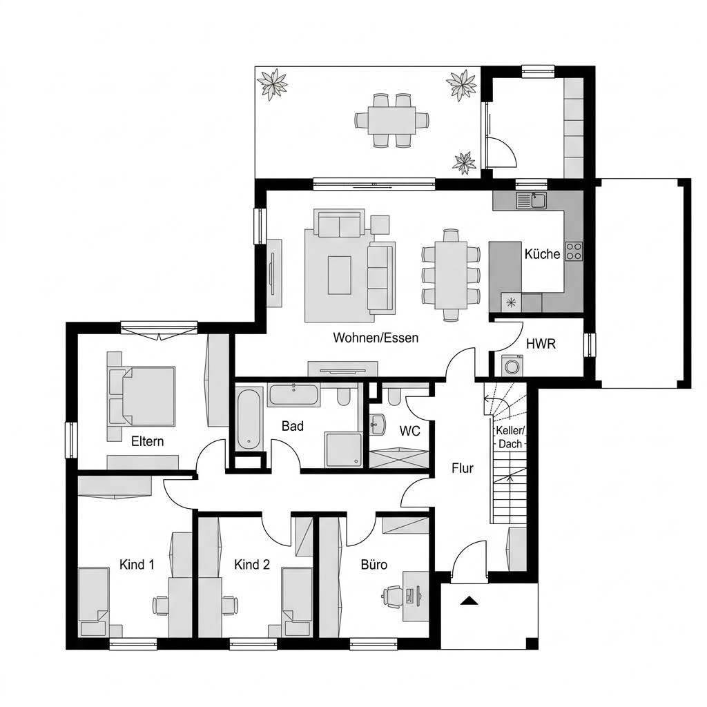 Grundriss Winkelbungalow WB 155 von ScanHaus Marlow — 155 m², 5 Zimmer