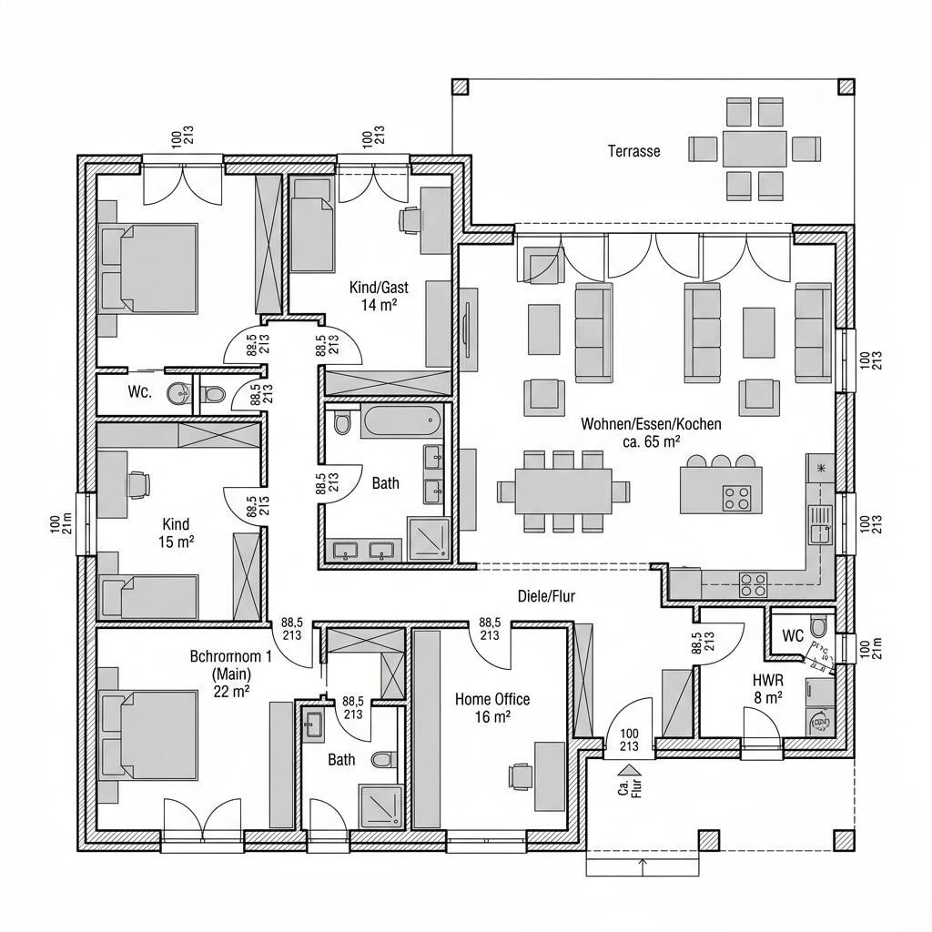 Grundriss Winkelbungalow WB 170 von ScanHaus Marlow — 170 m², 5 Zimmer