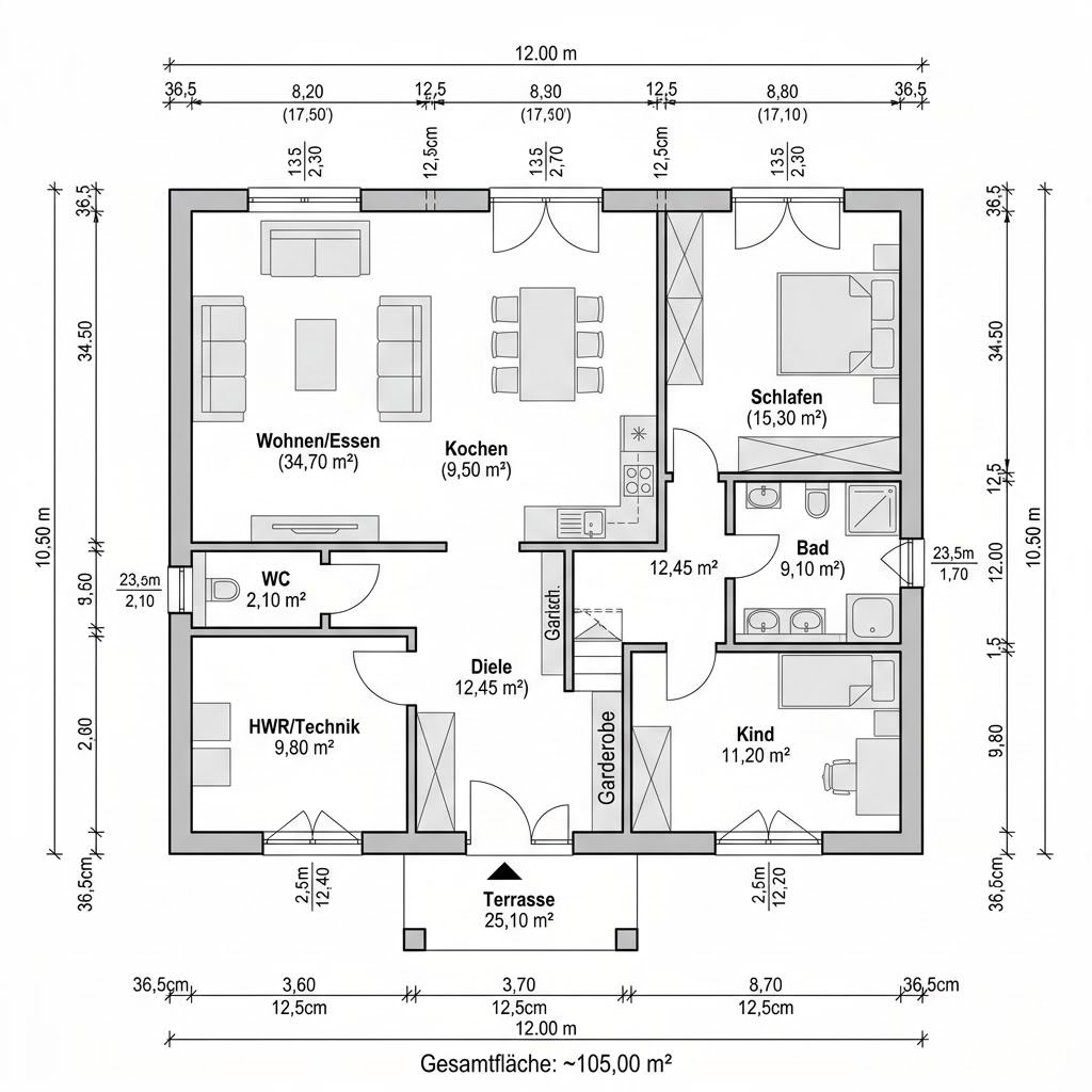 Grundriss Bungalow Sattel 105 von Town & Country Haus Deutschland — 105 m², 3 Zimmer