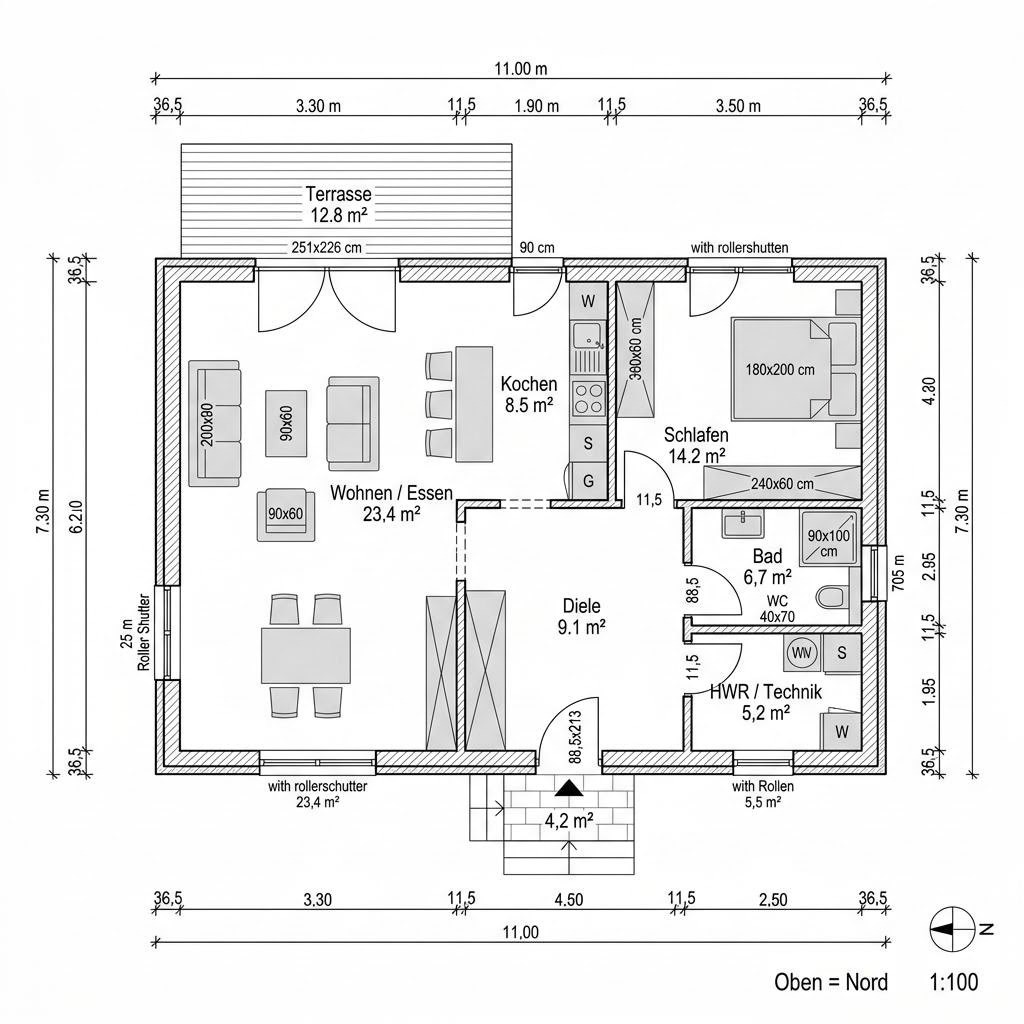 Grundriss Singlehaus Flair 70 von Town & Country Haus Deutschland — 70 m², 2 Zimmer