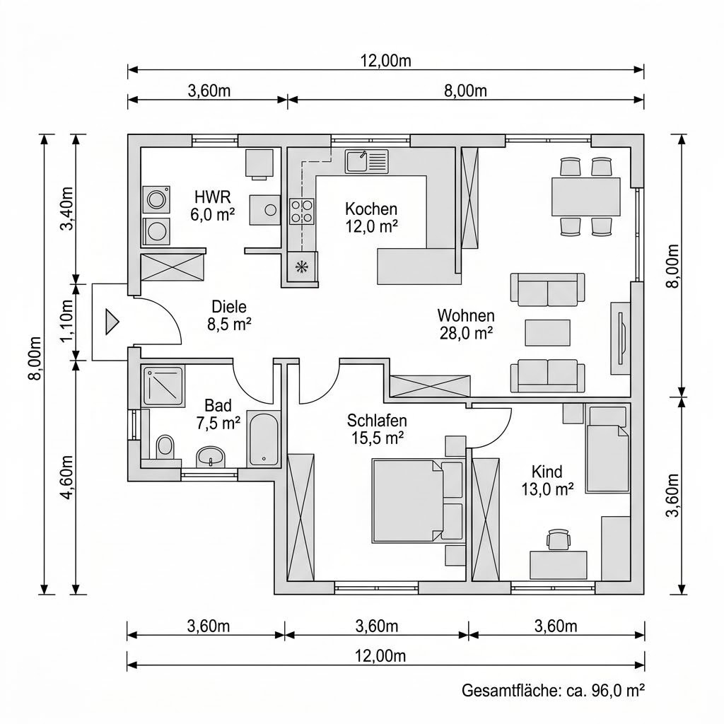 Grundriss Modulhaus Flex 96 von Vario-Haus - Deutschland — 96 m², 4 Zimmer