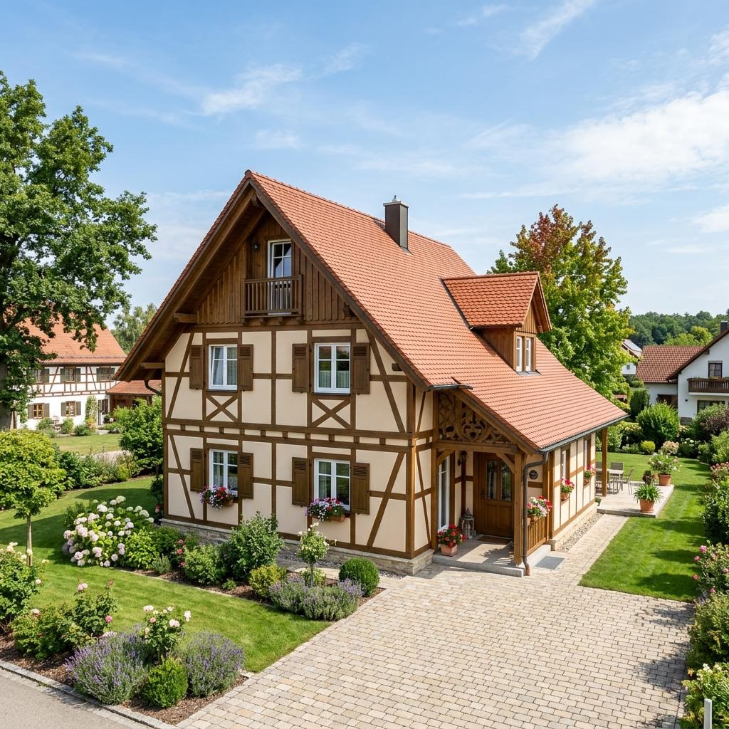 Landhaus Fachwerk Diele 152 von Wagener Systemhausbau — Holzskelettbau mit Schleppdach und 152 m²