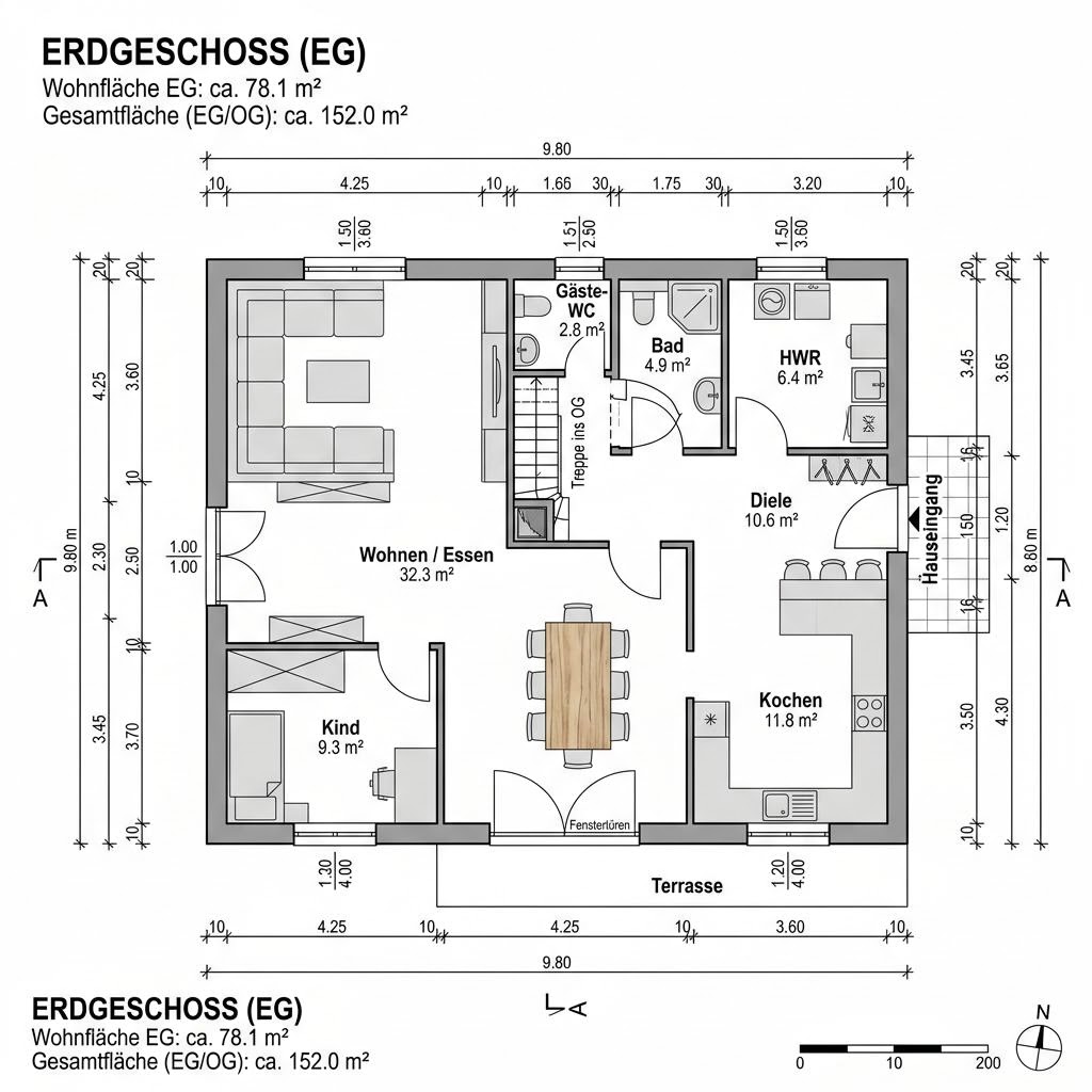 Grundriss Landhaus Fachwerk Diele 152 von Wagener Systemhausbau — 152 m², 5 Zimmer