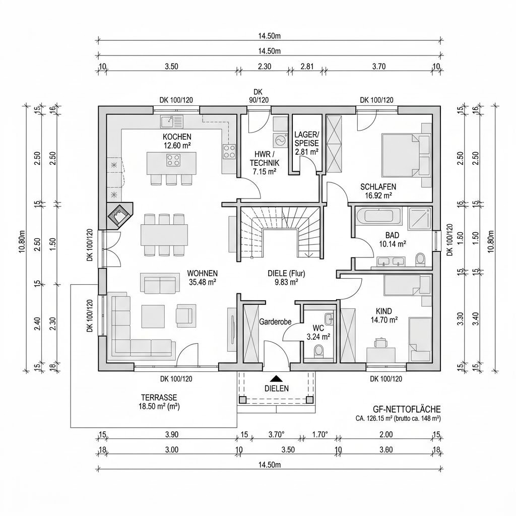Grundriss Landhaus Kate 126 von Wagener Systemhausbau — 126 m², 4 Zimmer