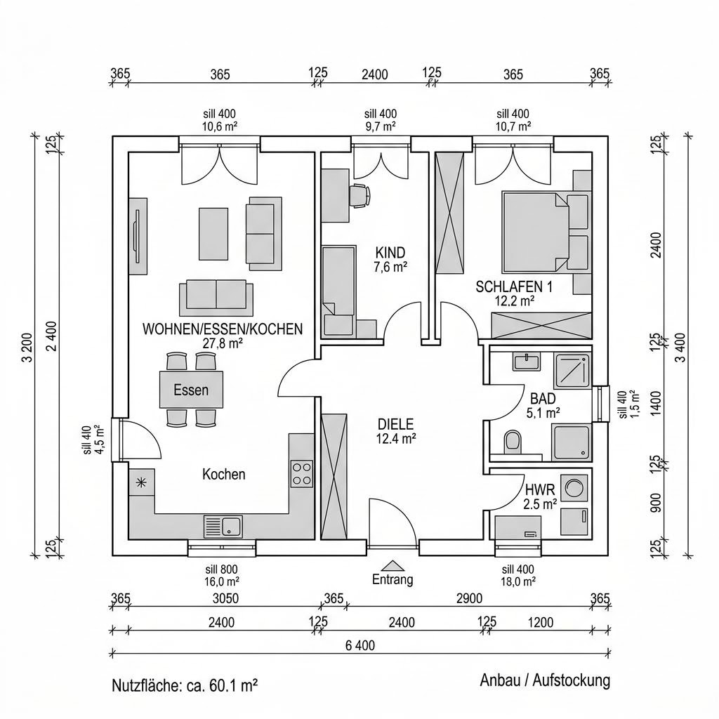 Grundriss Aufstockung Modul 60 von WeberHaus — 60 m², 3 Zimmer