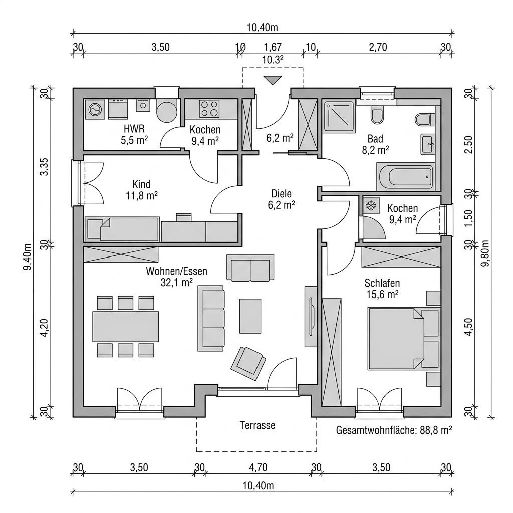 Grundriss Bungalow Flach 102 von WEIOTT-Massiv-Haus — 102 m², 3 Zimmer