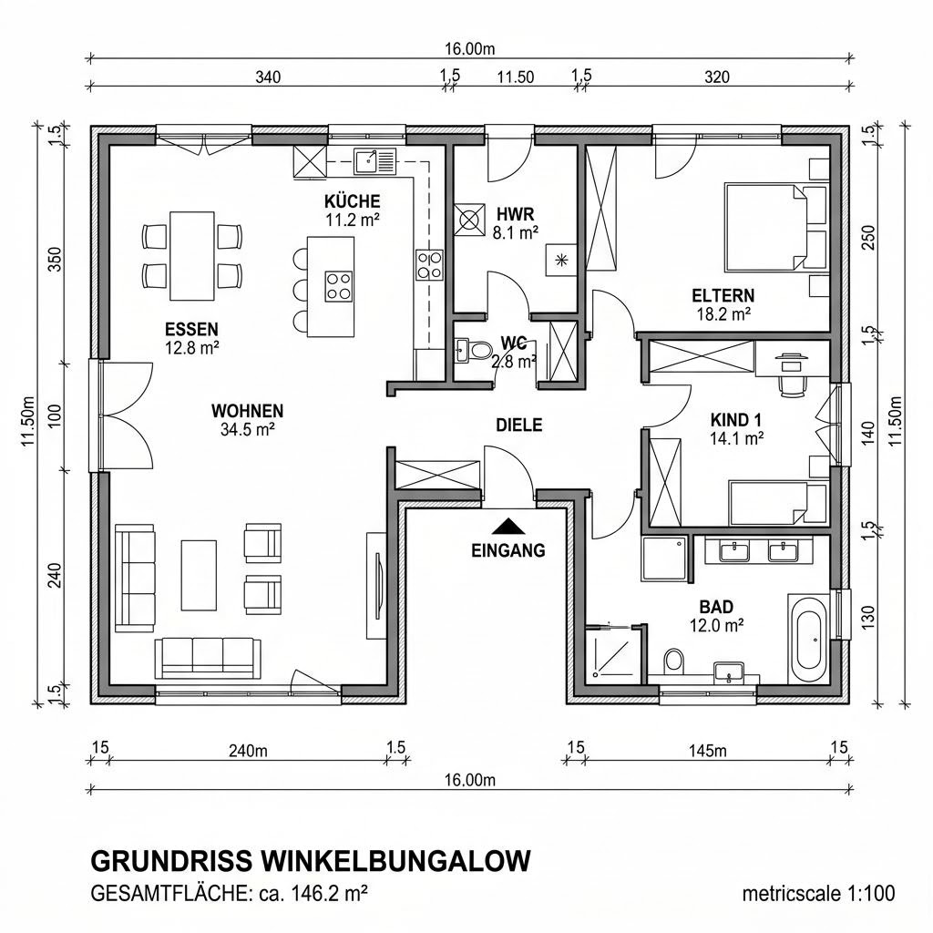 Grundriss Winkelbungalow Cumulus 770 von Heinz von Heiden Massivhäuser — 146 m², 4 Zimmer