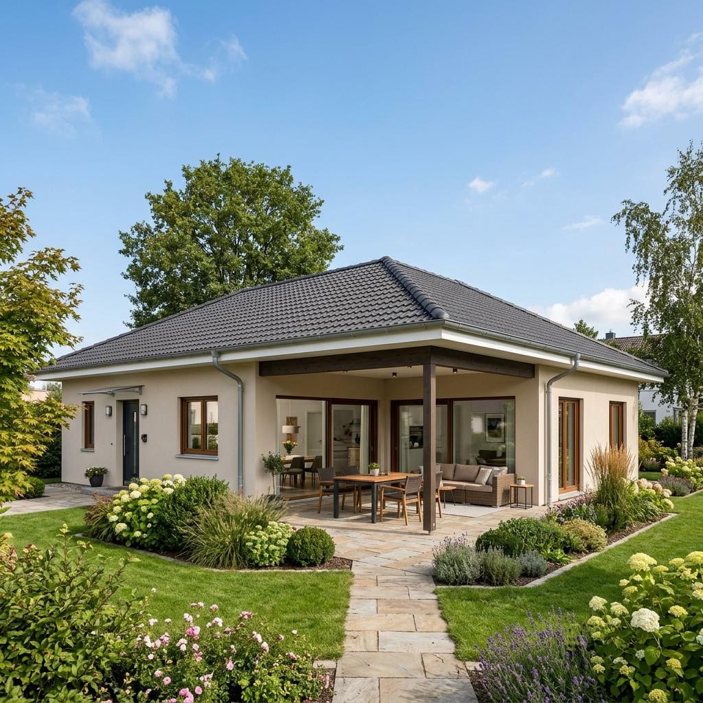 Winkelbungalow Cumulus 962 von Heinz von Heiden mit überdachter Terrasse und Walmdach — Massivbungalow mit 126 m²