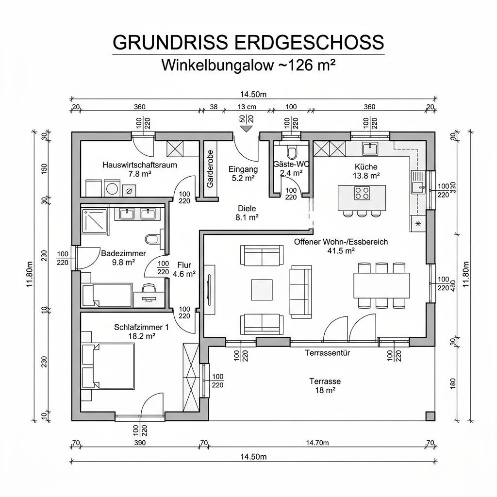 Grundriss Winkelbungalow Cumulus 962 von Heinz von Heiden Massivhäuser — 126 m², 3 Zimmer