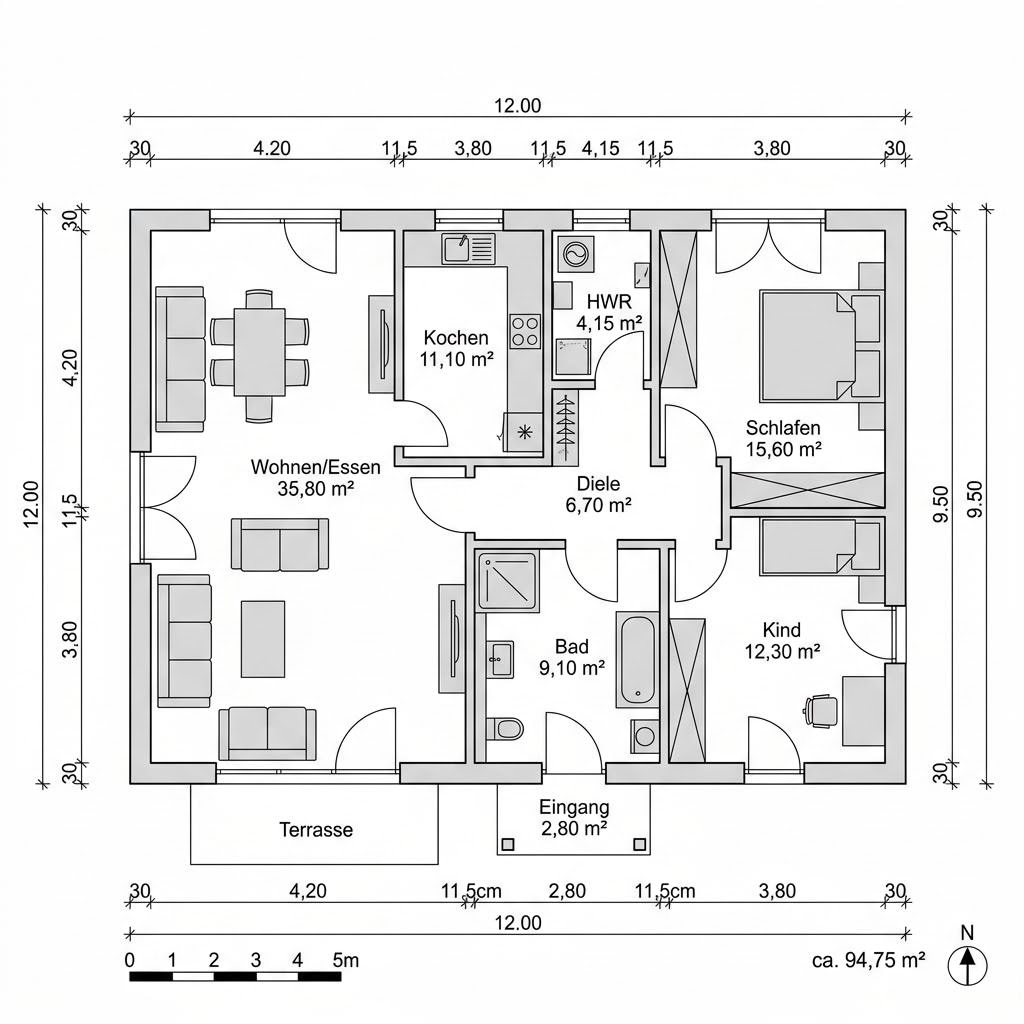 Grundriss Singlehaus Mono 95 von WOLF-HAUS — 95 m², 3 Zimmer