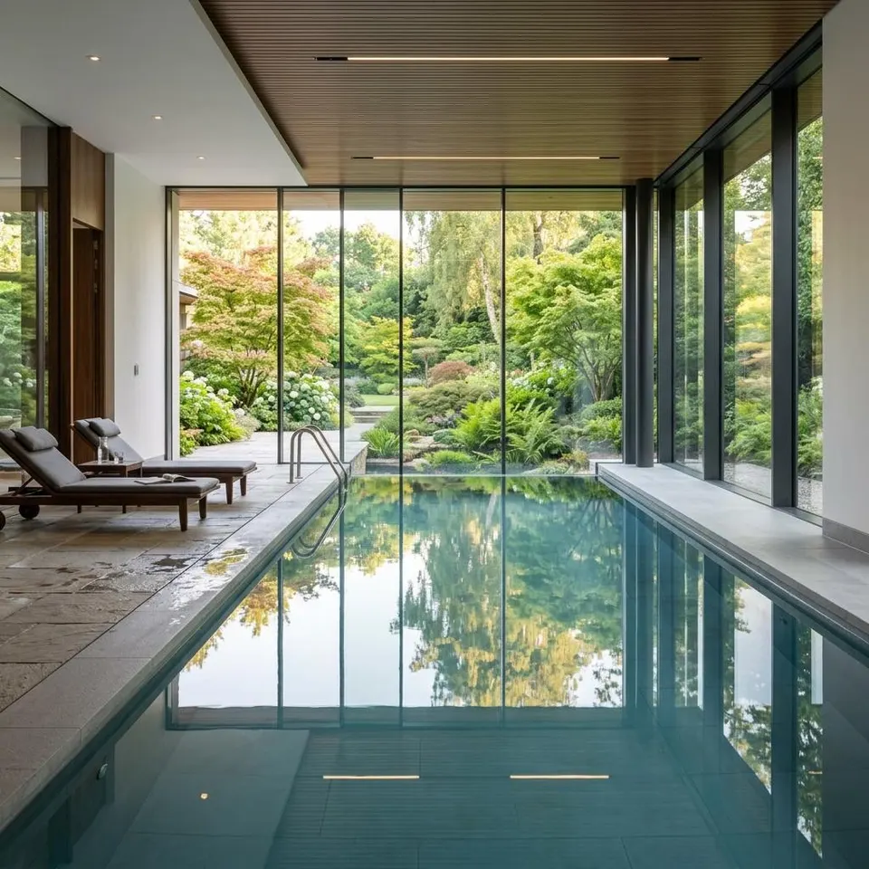 Indoorpool im Fertighaus: private Schwimmhalle mit Glasfront zum Garten Elegante private Schwimmhalle mit Indoorpool und raumhoher Glasfront zum Garten in einem modernen Wohnhaus – Indoorpool im Fertighaus