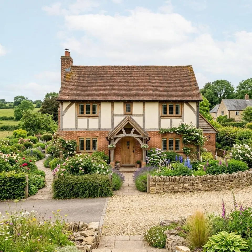 Selfbuild-Fertighaus im britischen Landhausstil mit Backsteinfassade und grünem Garten – Fertighaus bauen in Großbritannien 2026 Selfbuild-Fertighaus im britischen Landhausstil mit Backsteinfassade und grünem Garten – Fertighaus bauen in Großbritannien 2026