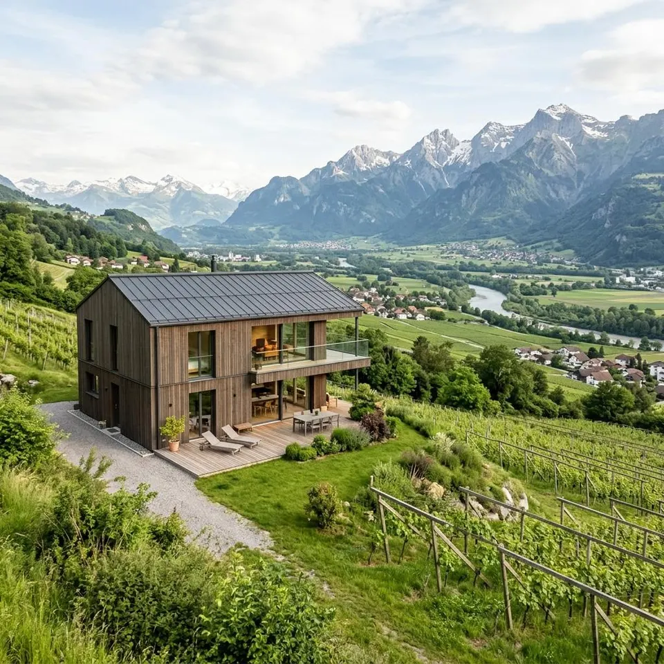 Holz-Fertighaus am Hang im Liechtensteiner Rheintal mit Blick auf die Berge – Fertighaus bauen in Liechtenstein 2026 Holz-Fertighaus am Hang im Liechtensteiner Rheintal mit Blick auf die Berge – Fertighaus bauen in Liechtenstein 2026