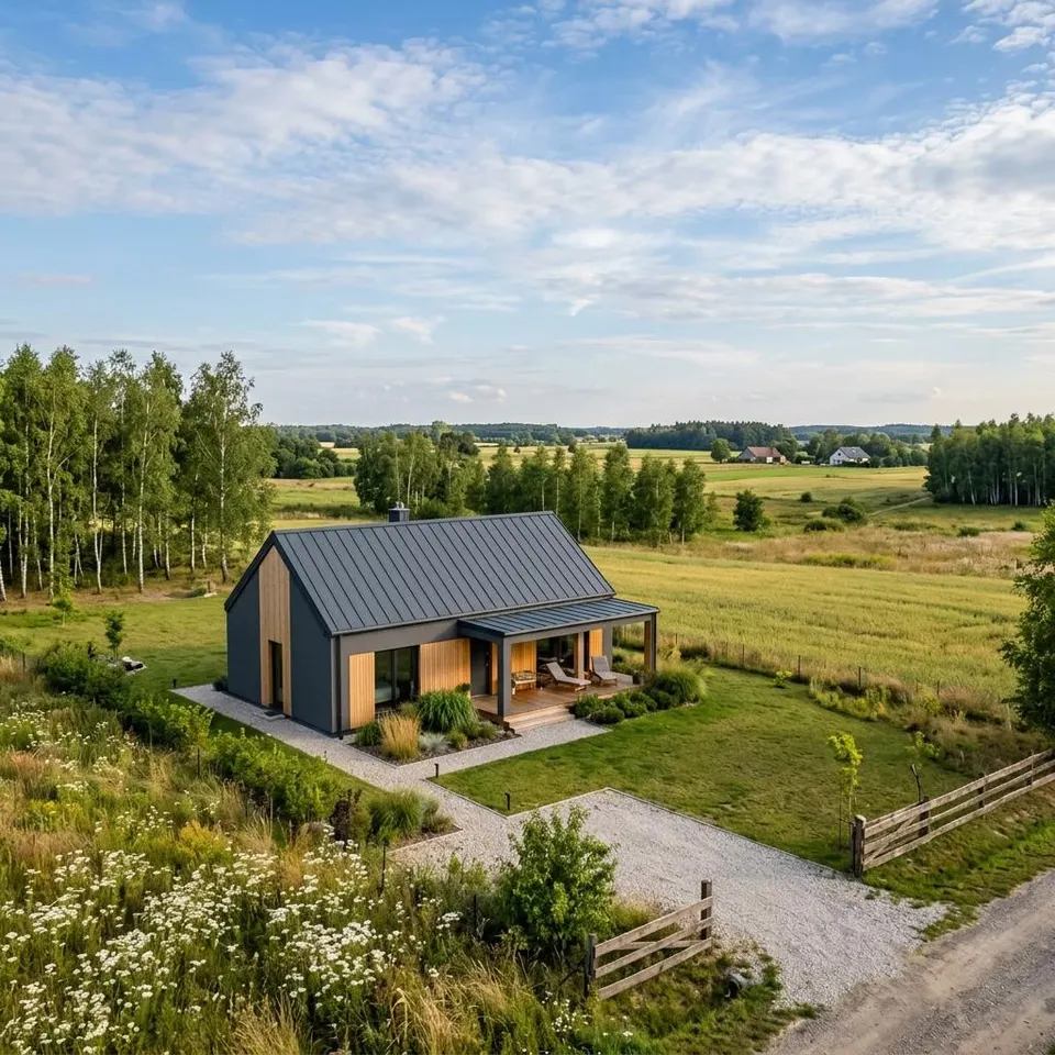 Neues Fertighaus mit Satteldach in weiter polnischer Landschaft bei Sonnenschein – Fertighaus bauen in Polen 2026 Neues Fertighaus mit Satteldach in weiter polnischer Landschaft bei Sonnenschein – Fertighaus bauen in Polen 2026