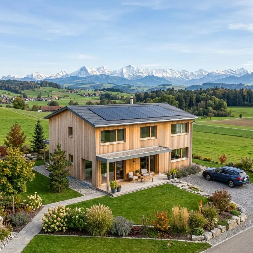 MINERGIE-Fertighaus mit Holzfassade im Schweizer Mittelland mit Bergpanorama – Fertighaus bauen in der Schweiz 2026 MINERGIE-Fertighaus mit Holzfassade im Schweizer Mittelland mit Bergpanorama – Fertighaus bauen in der Schweiz 2026